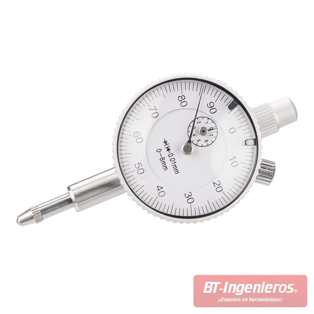 Reloj comparador 0 a 10 mm con graduaciones de 0.01 mm.